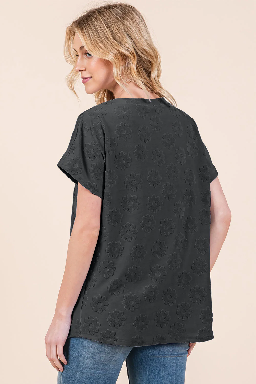 BOMBOM Textured Floral Pattern Short Sleeve T-Shirt - Image 2