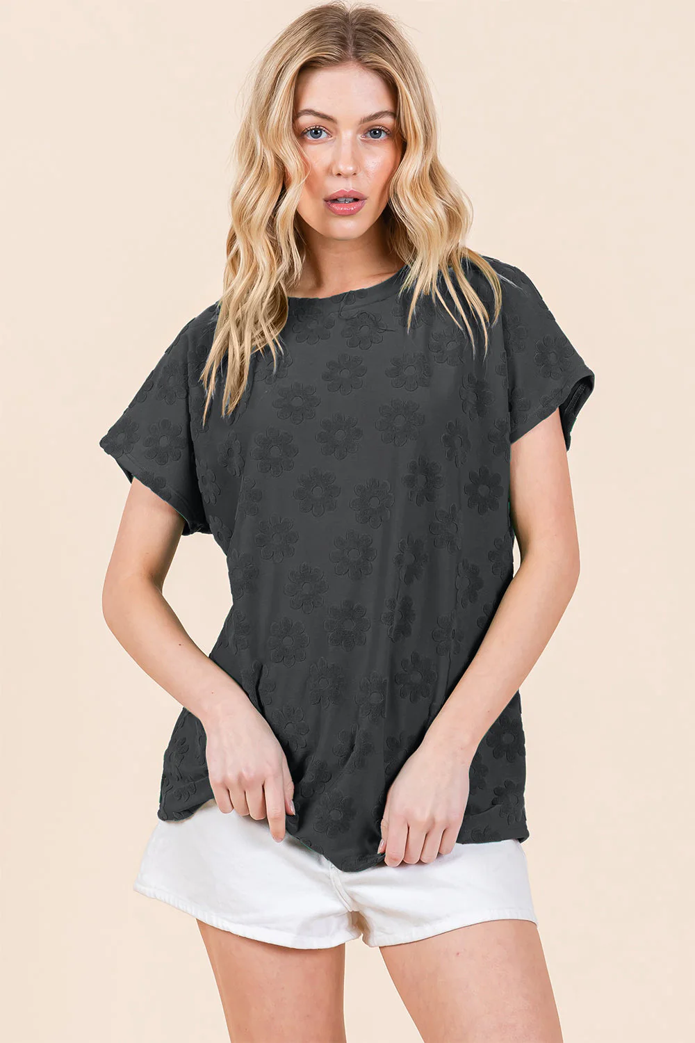 BOMBOM Textured Floral Pattern Short Sleeve T-Shirt - Image 3