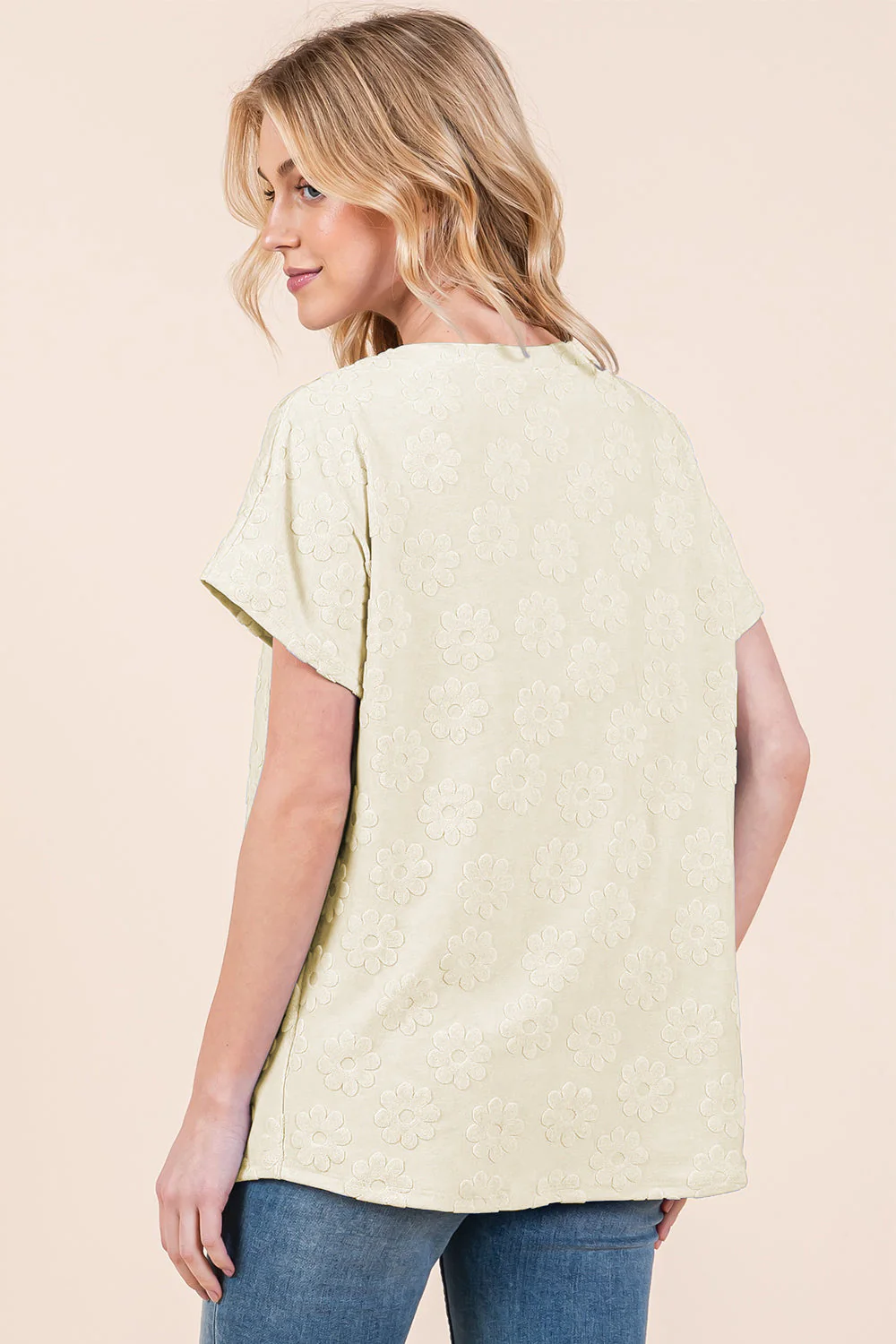 BOMBOM Textured Floral Pattern Short Sleeve T-Shirt - Image 2