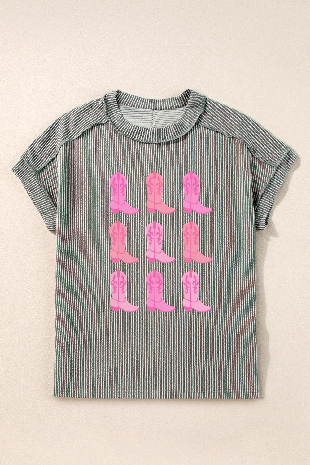 Boots Graphic Striped Round Neck Short Sleeve T-Shirt - Image 2