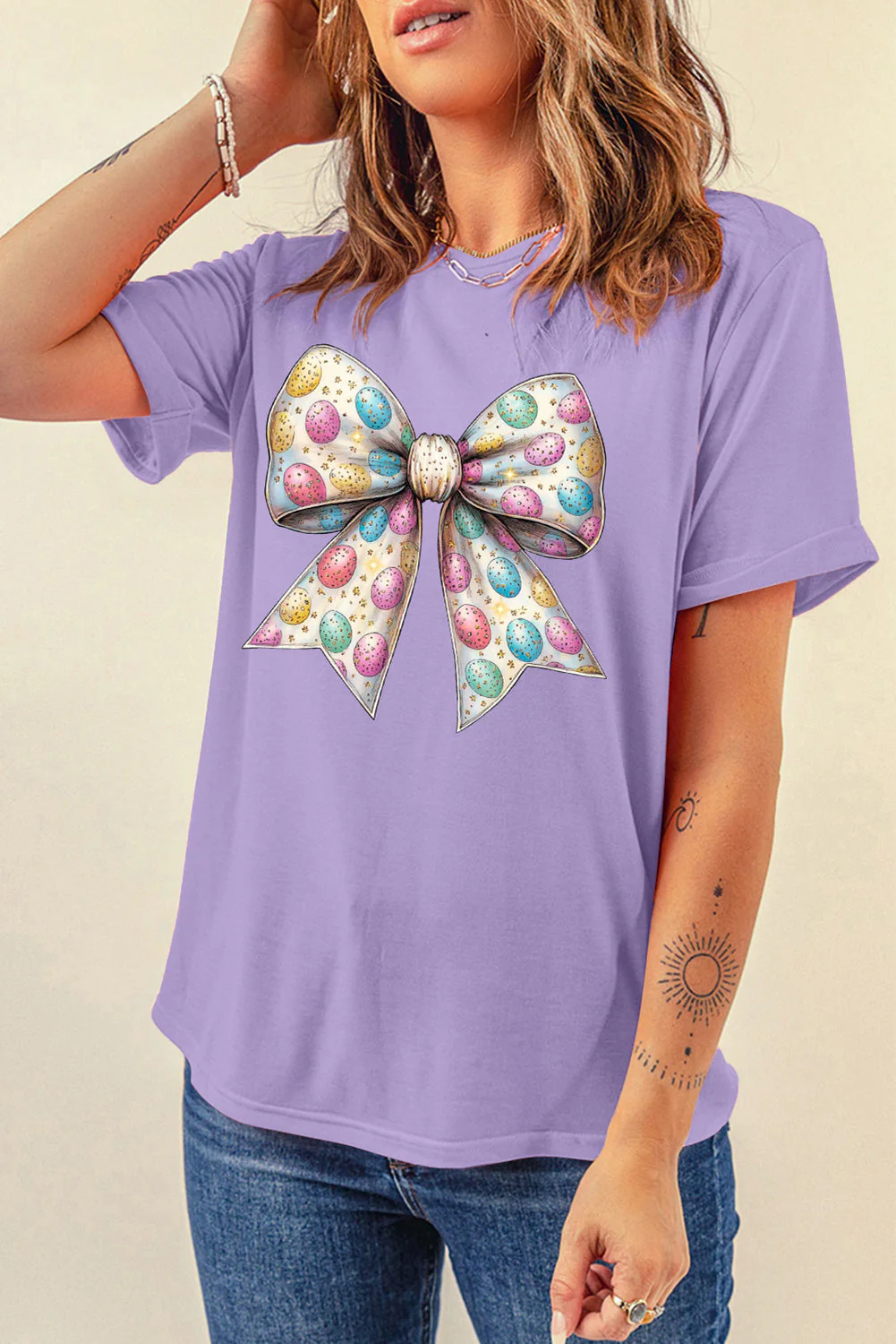 Bow Graphic Round Neck Short Sleeve T-Shirt - Image 2