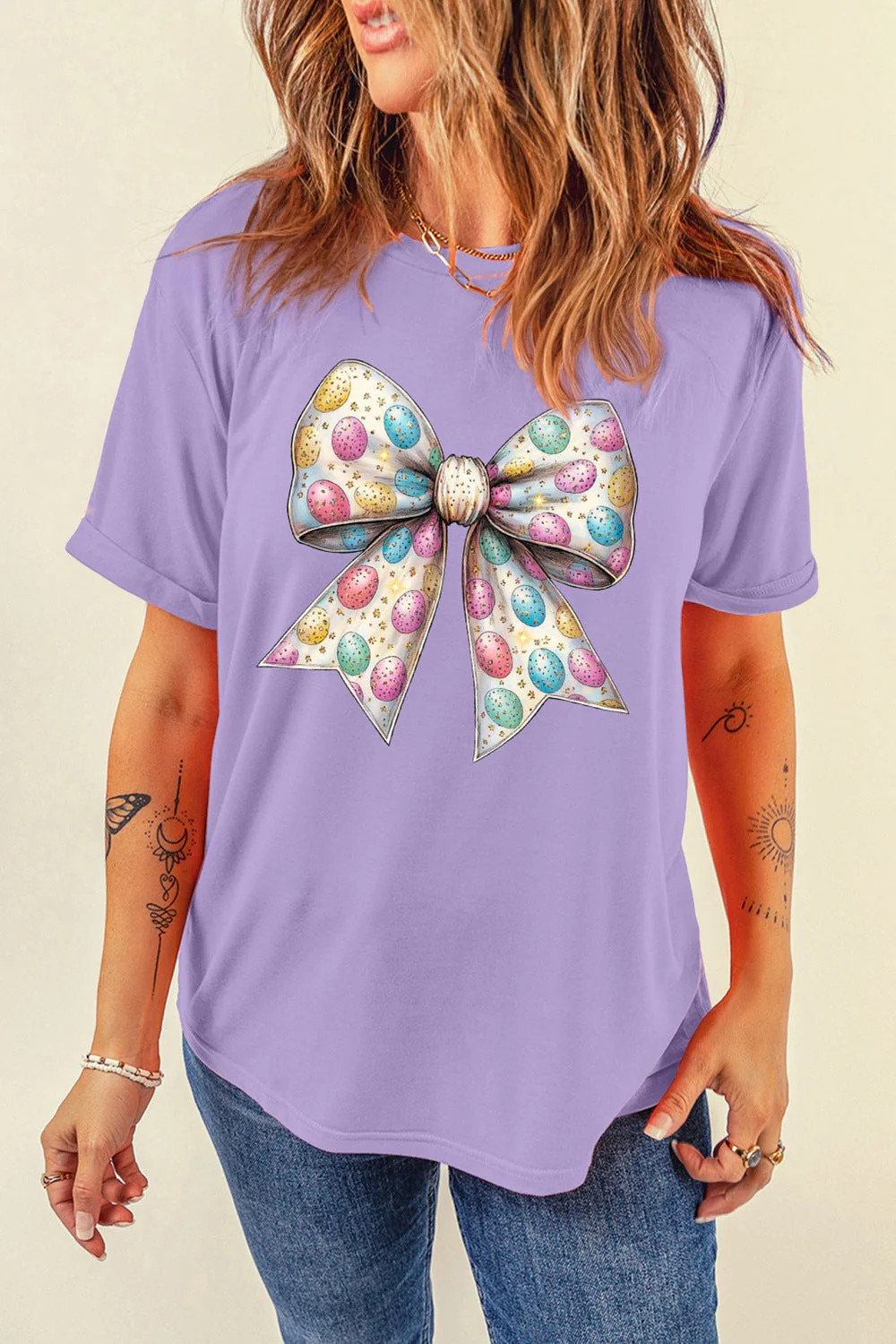 Bow Graphic Round Neck Short Sleeve T-Shirt - Image 4