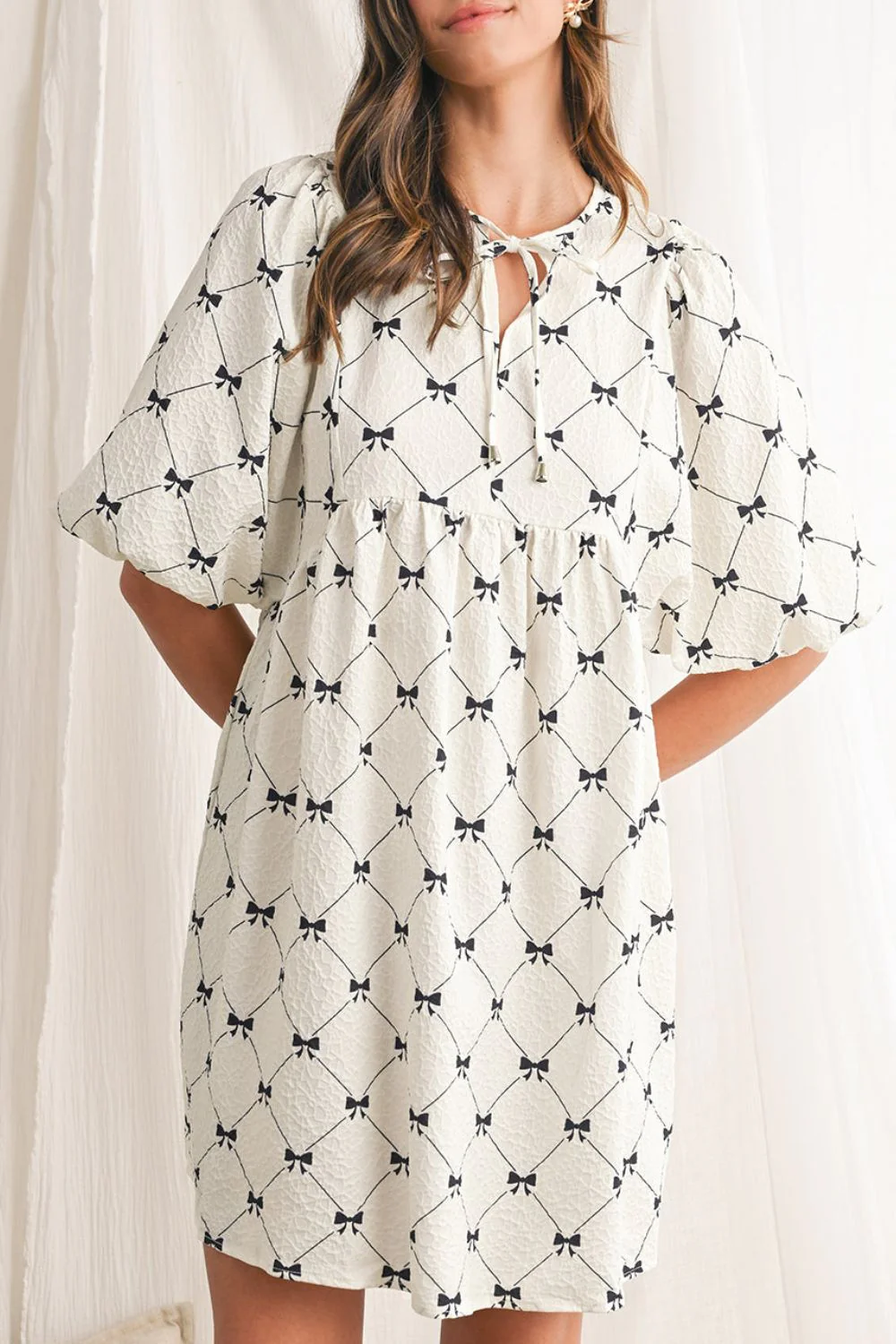 Bow Print Tie Neck Half Sleeve Dress - Image 2