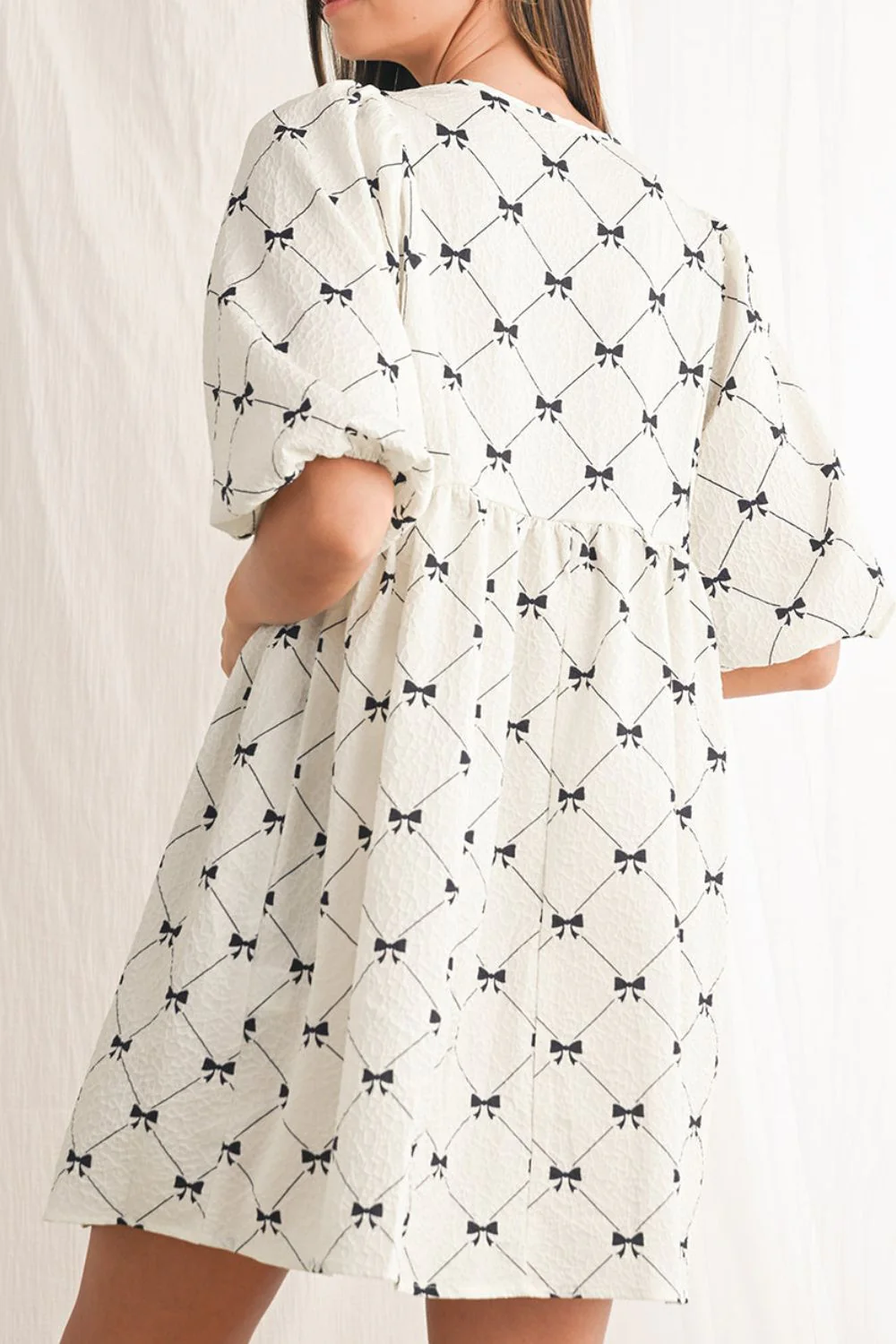 Bow Print Tie Neck Half Sleeve Dress - Image 3