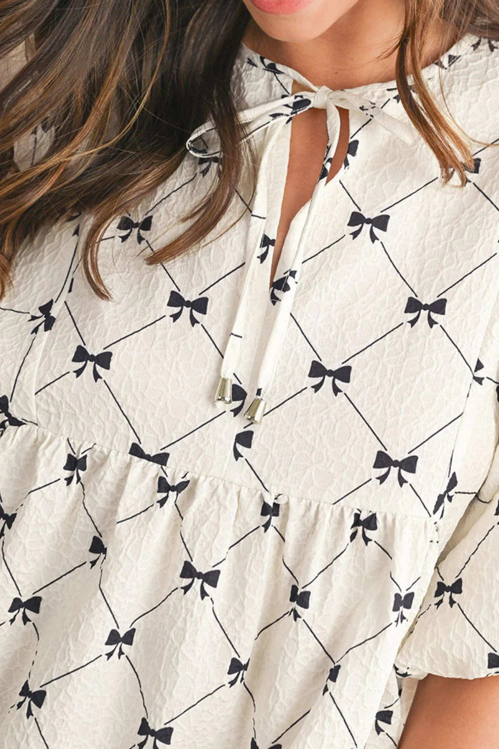 Bow Print Tie Neck Half Sleeve Dress - Image 4