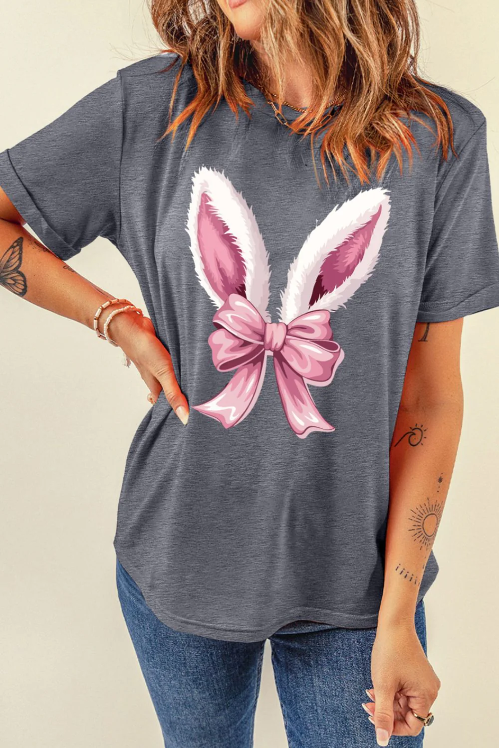 Bunny Ear Bow Graphic Short Sleeve T-Shirt - Image 3