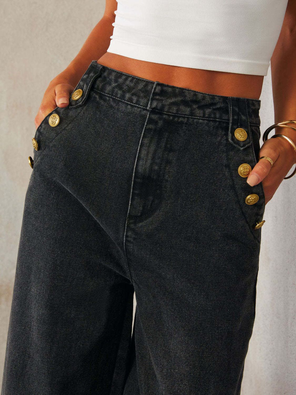 Button Decor High Rise Wide Leg Jeans - Image 5