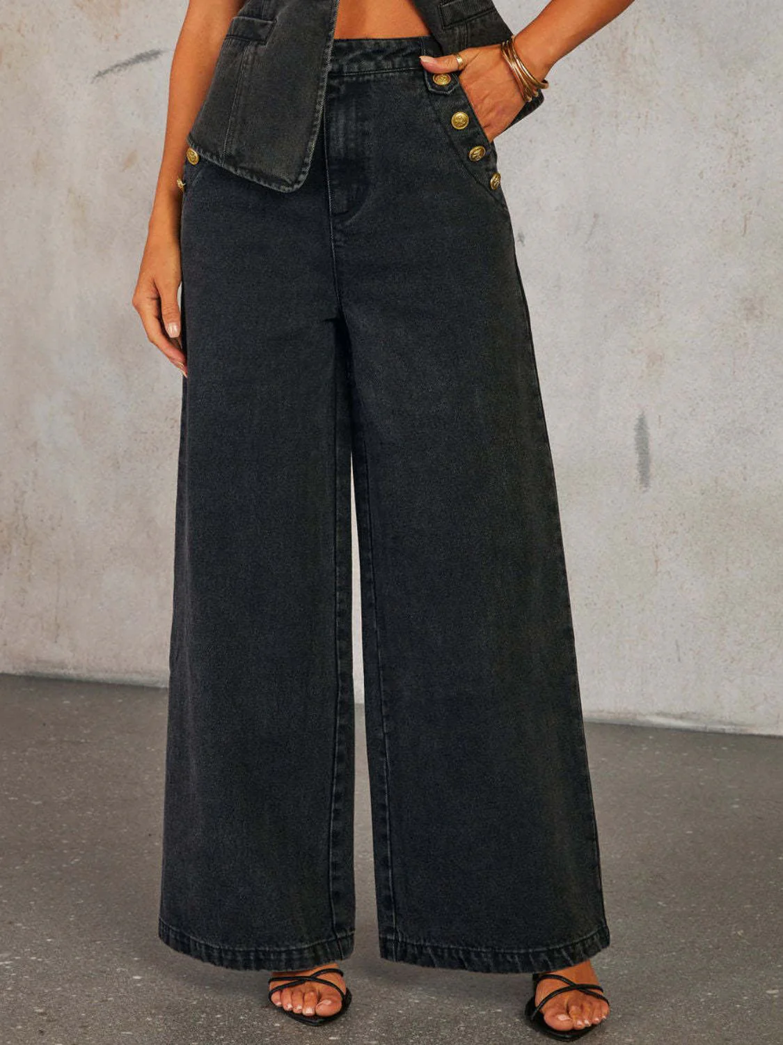 Button Decor High Rise Wide Leg Jeans - Image 6