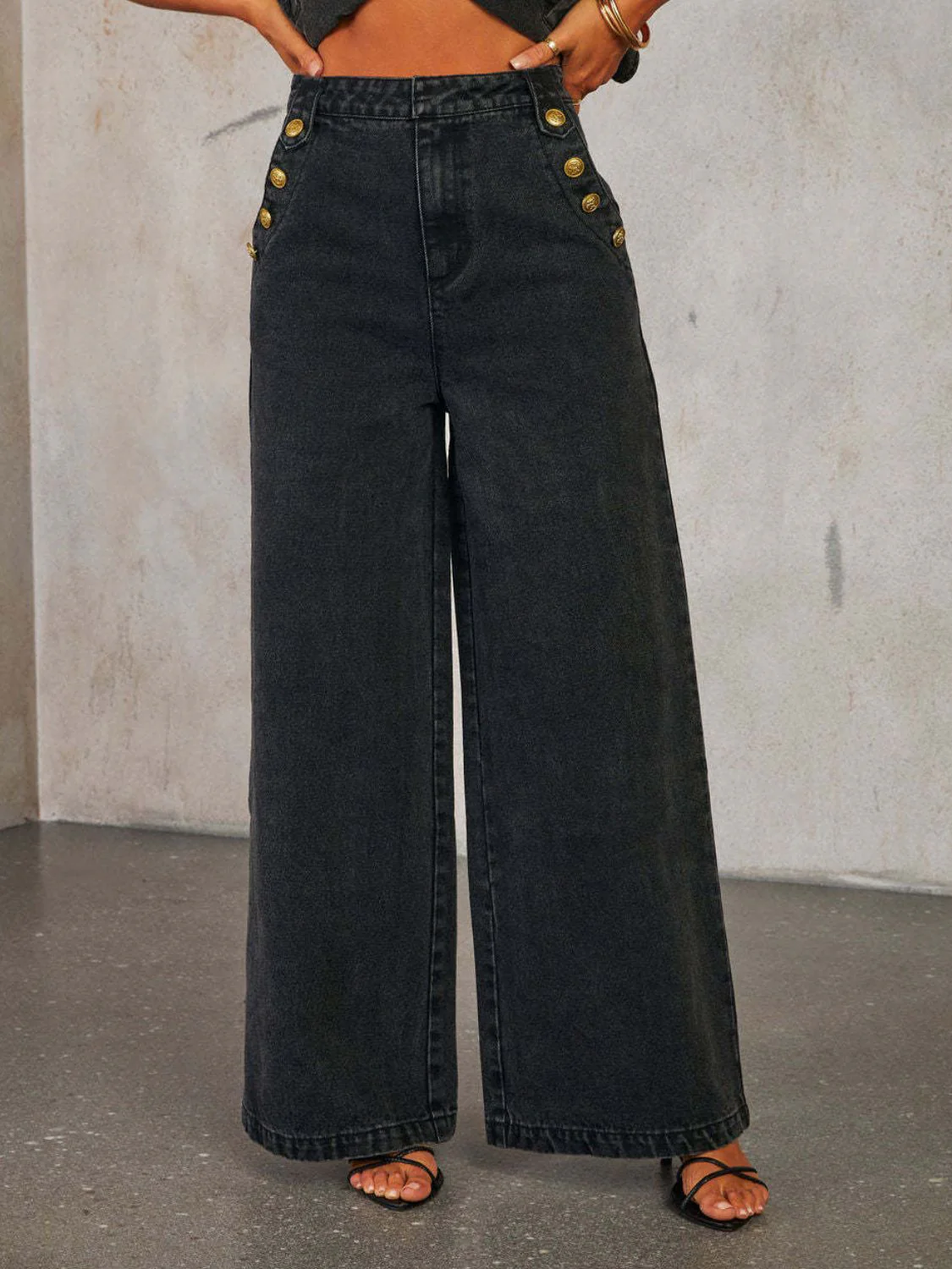 Button Decor High Rise Wide Leg Jeans - Image 7