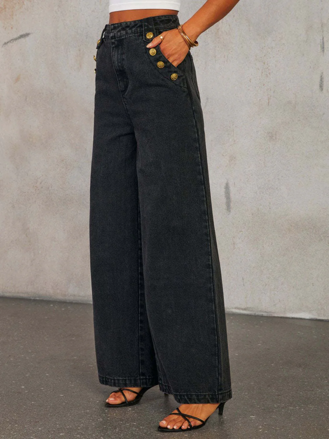 Button Decor High Rise Wide Leg Jeans - Image 9