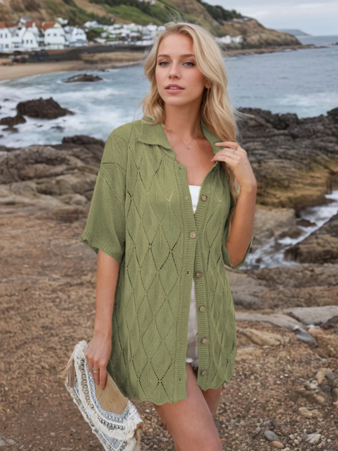 Button Down Eyelet Collared Neck Knit Shirt - Image 12
