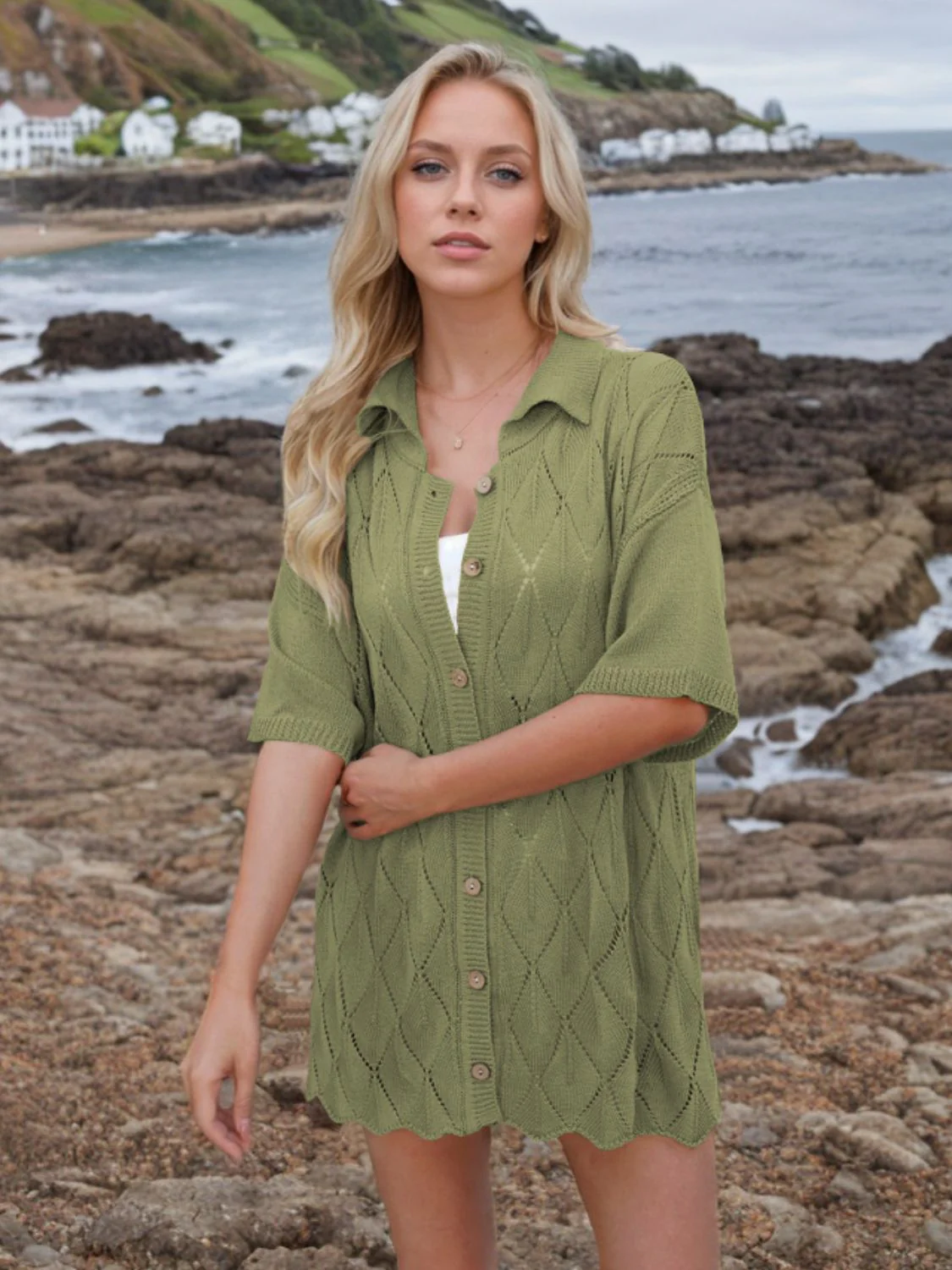 Button Down Eyelet Collared Neck Knit Shirt - Image 13