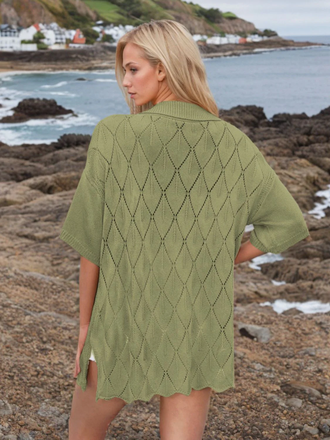 Button Down Eyelet Collared Neck Knit Shirt - Image 14