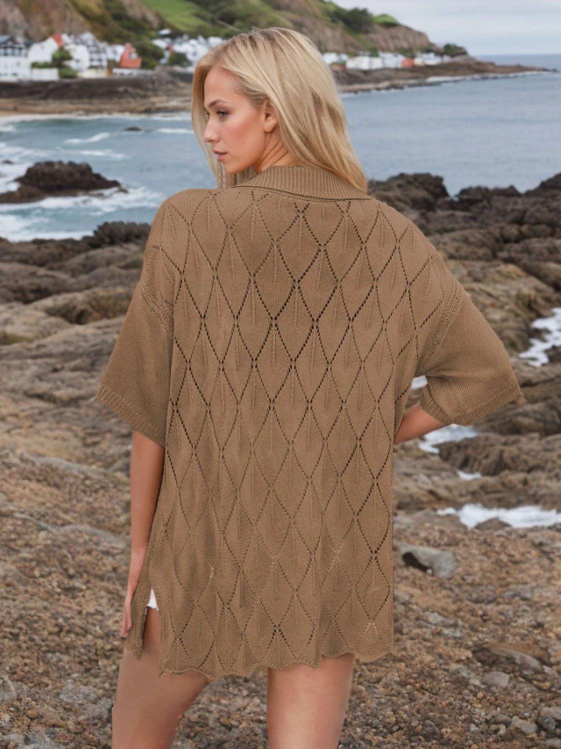 Button Down Eyelet Collared Neck Knit Shirt - Image 17