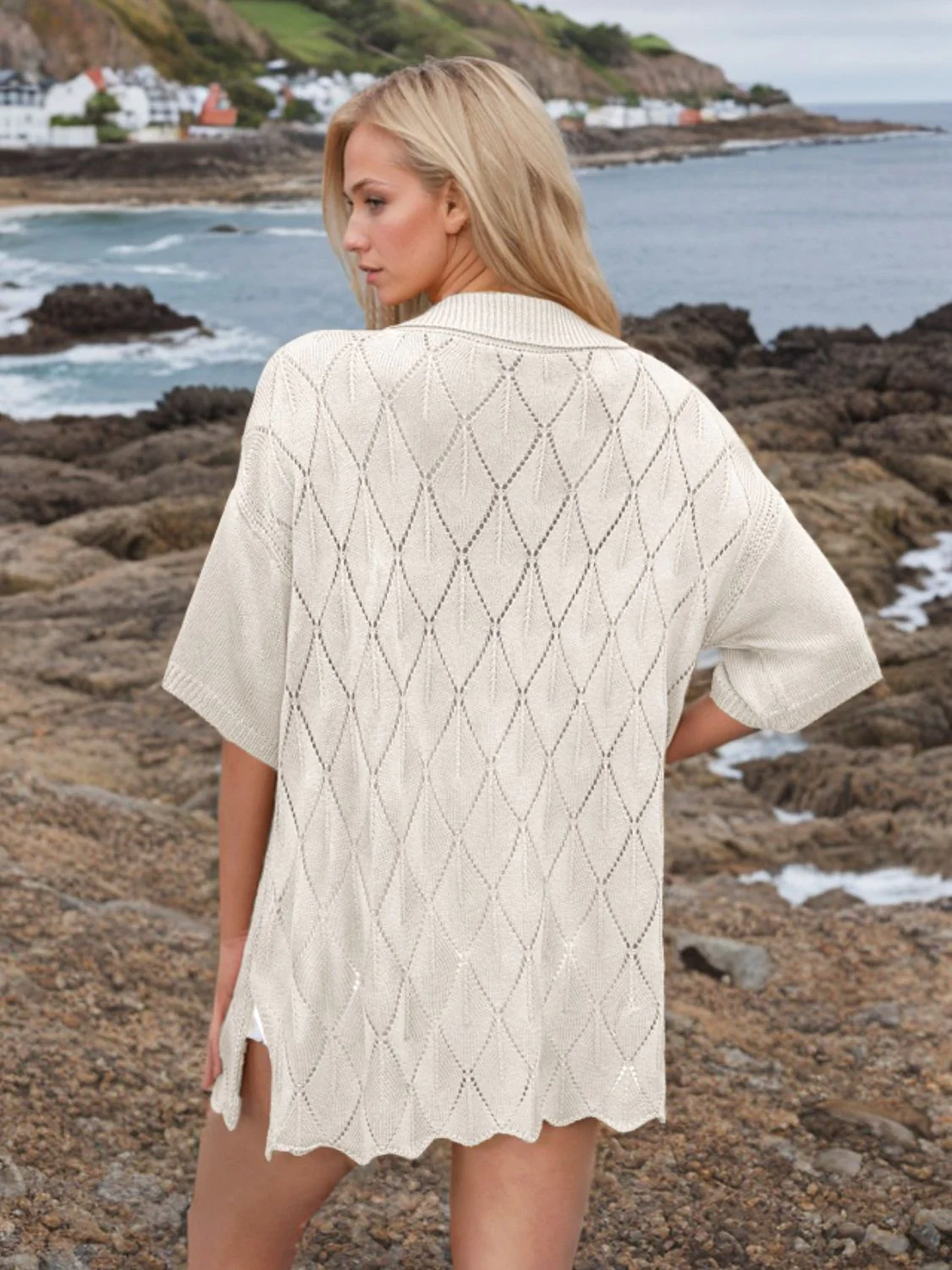 Button Down Eyelet Collared Neck Knit Shirt - Image 20