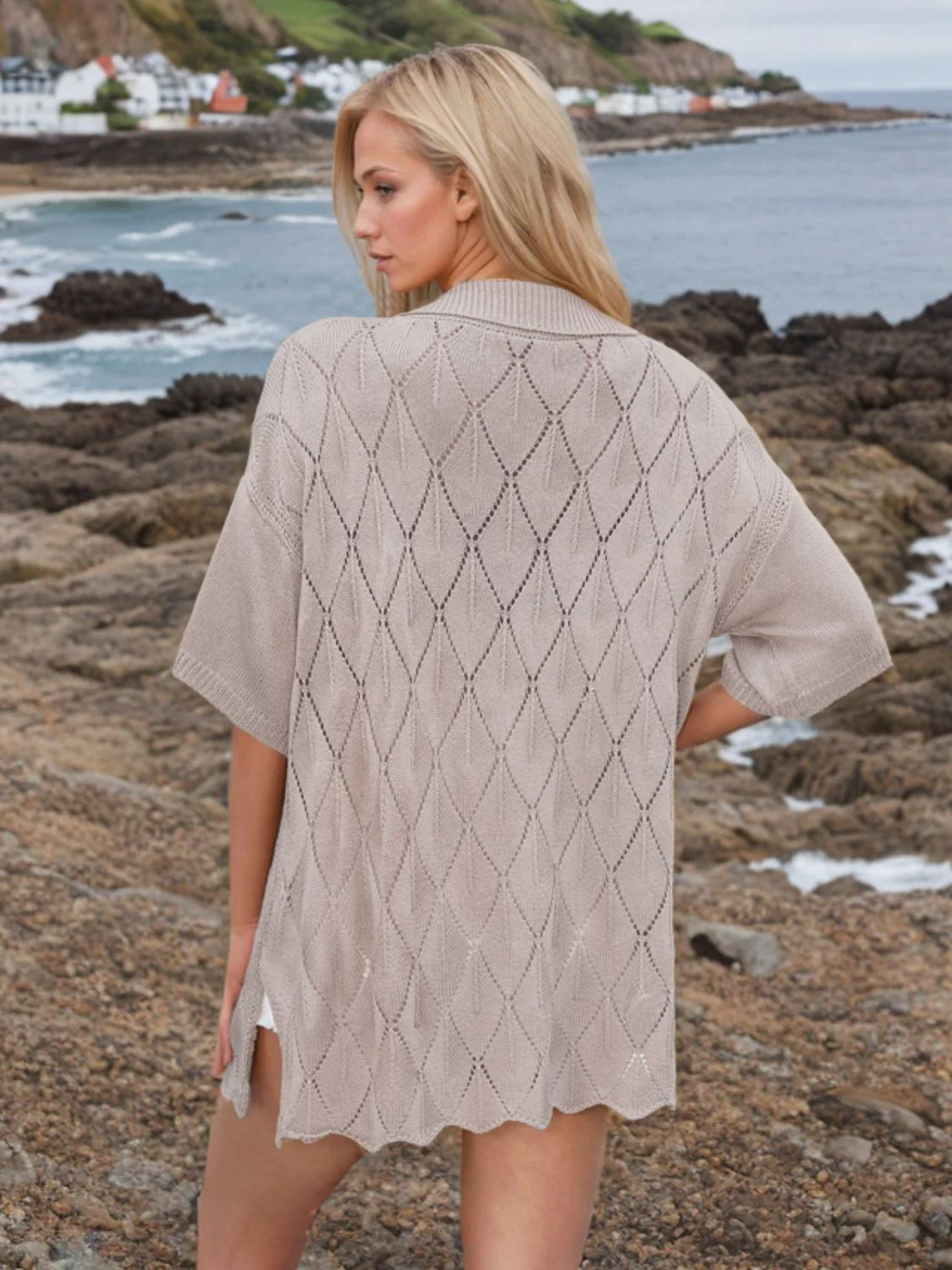 Button Down Eyelet Collared Neck Knit Shirt - Image 4