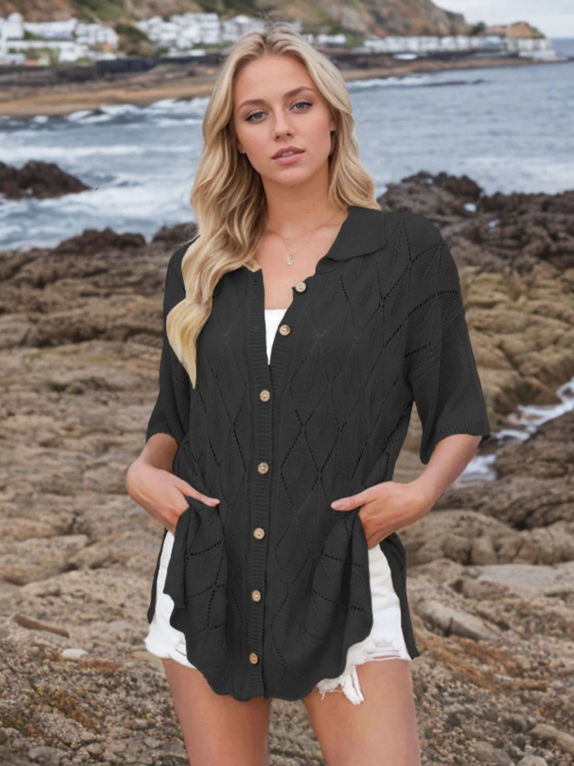 Button Down Eyelet Collared Neck Knit Shirt - Image 6