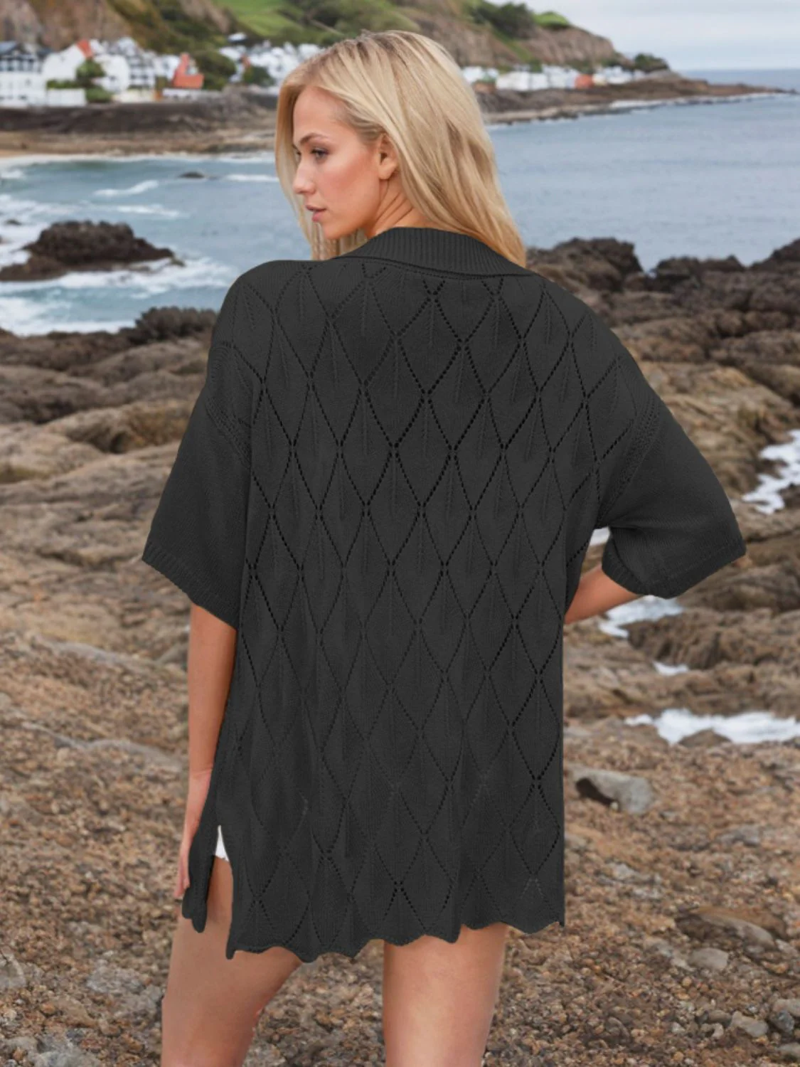 Button Down Eyelet Collared Neck Knit Shirt - Image 7