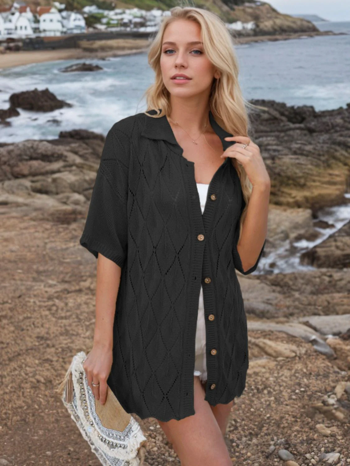 Button Down Eyelet Collared Neck Knit Shirt - Image 8