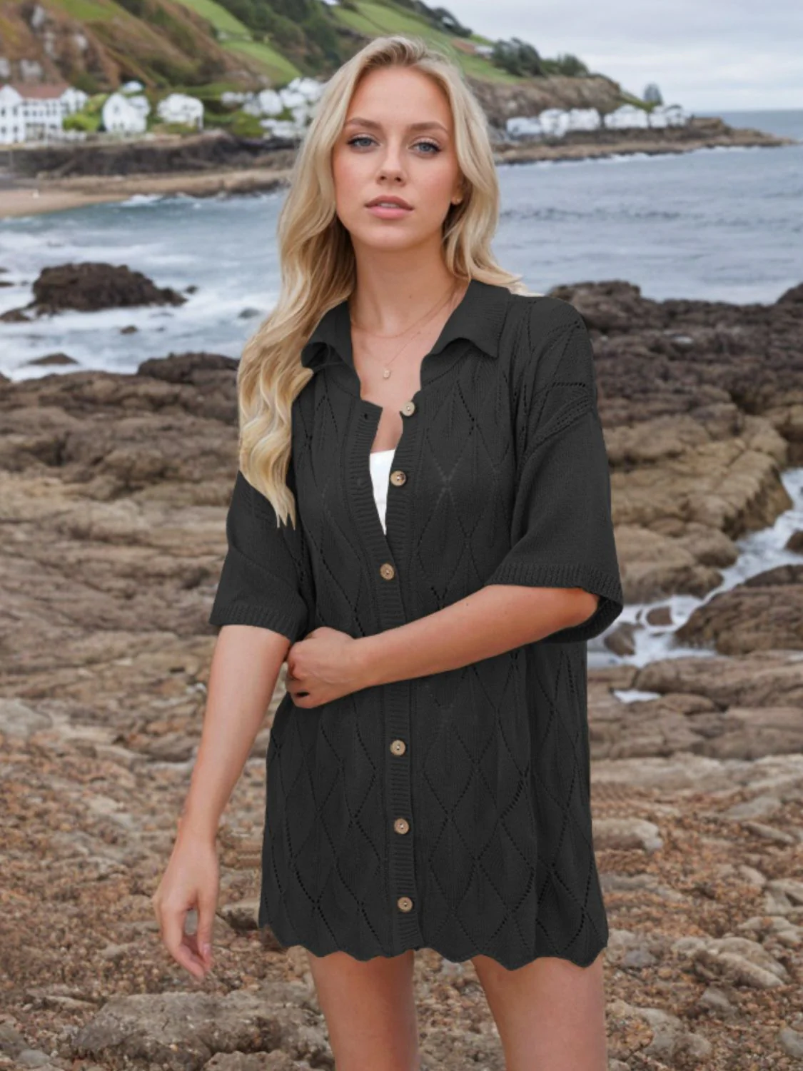 Button Down Eyelet Collared Neck Knit Shirt - Image 9