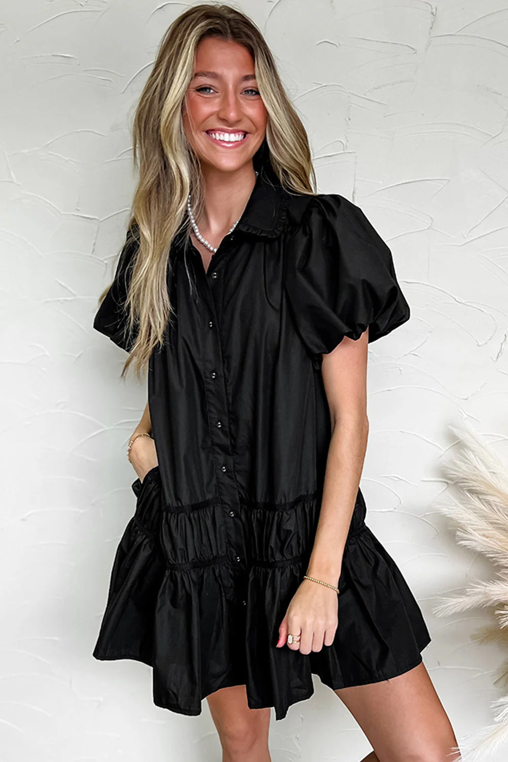 Button Down Puff Sleeve Ruffle Hem Dress - Image 3