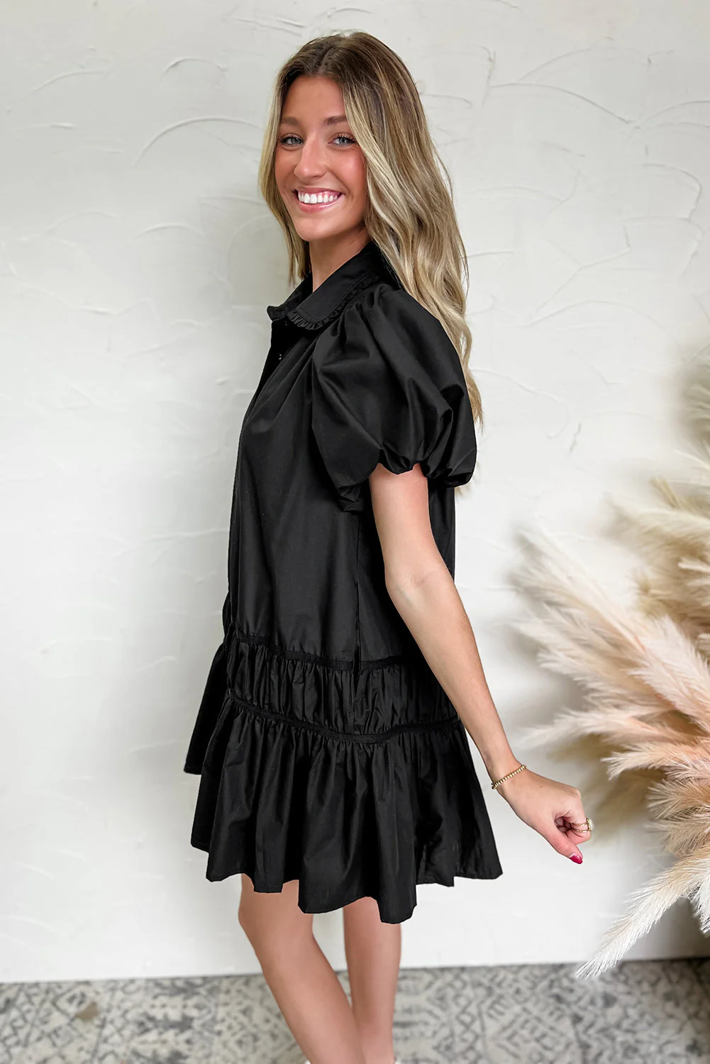 Button Down Puff Sleeve Ruffle Hem Dress - Image 4