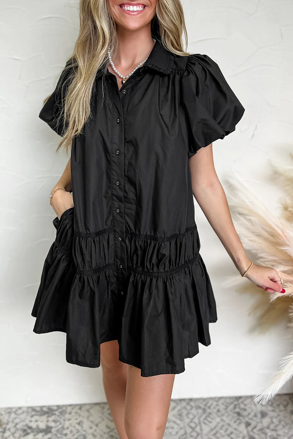 Button Down Puff Sleeve Ruffle Hem Dress - Image 6