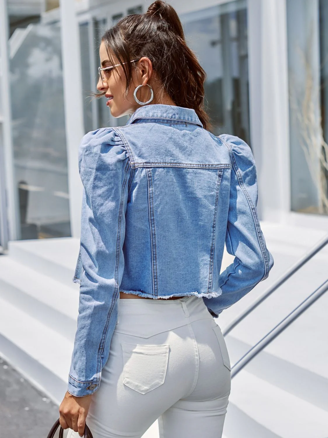 Button Down Raw Hem Cropped Denim Jacket - Image 6