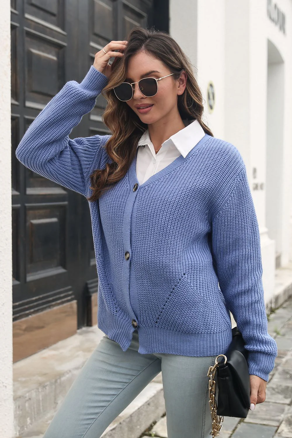 Button Down Ribbed Trim Cardigan - Image 5