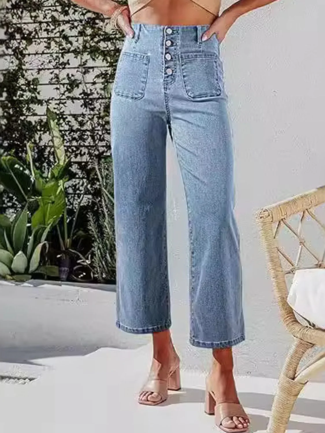 Button Fly Cropped Jeans with Pockets - Image 7