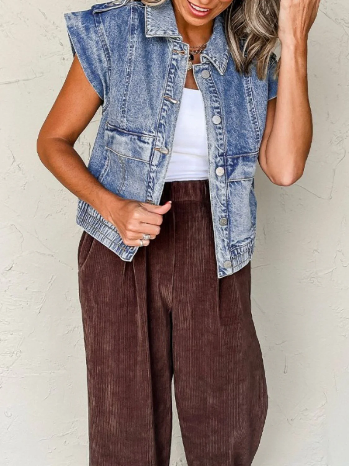 Button Up Cap Sleeve Denim Jacket - Image 3