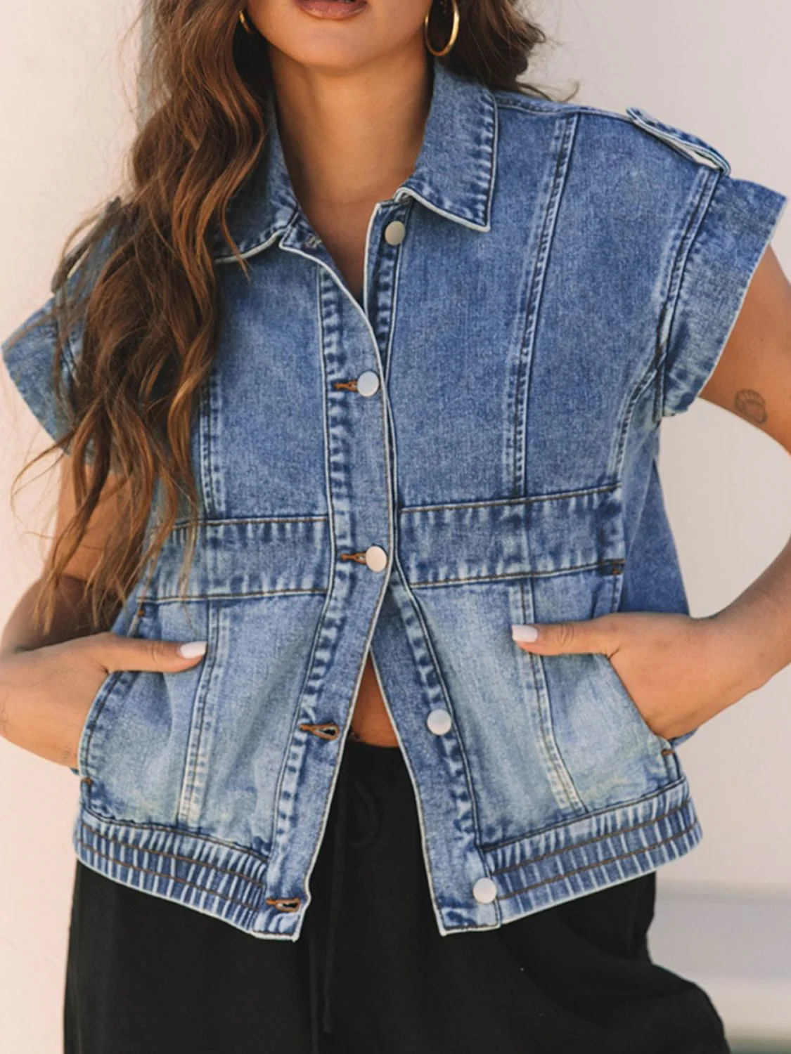 Button Up Cap Sleeve Denim Jacket - Image 4