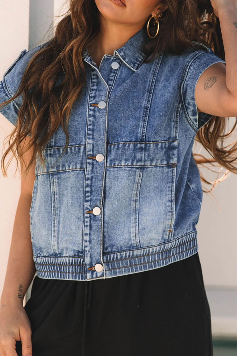 Button Up Cap Sleeve Denim Jacket - Image 5
