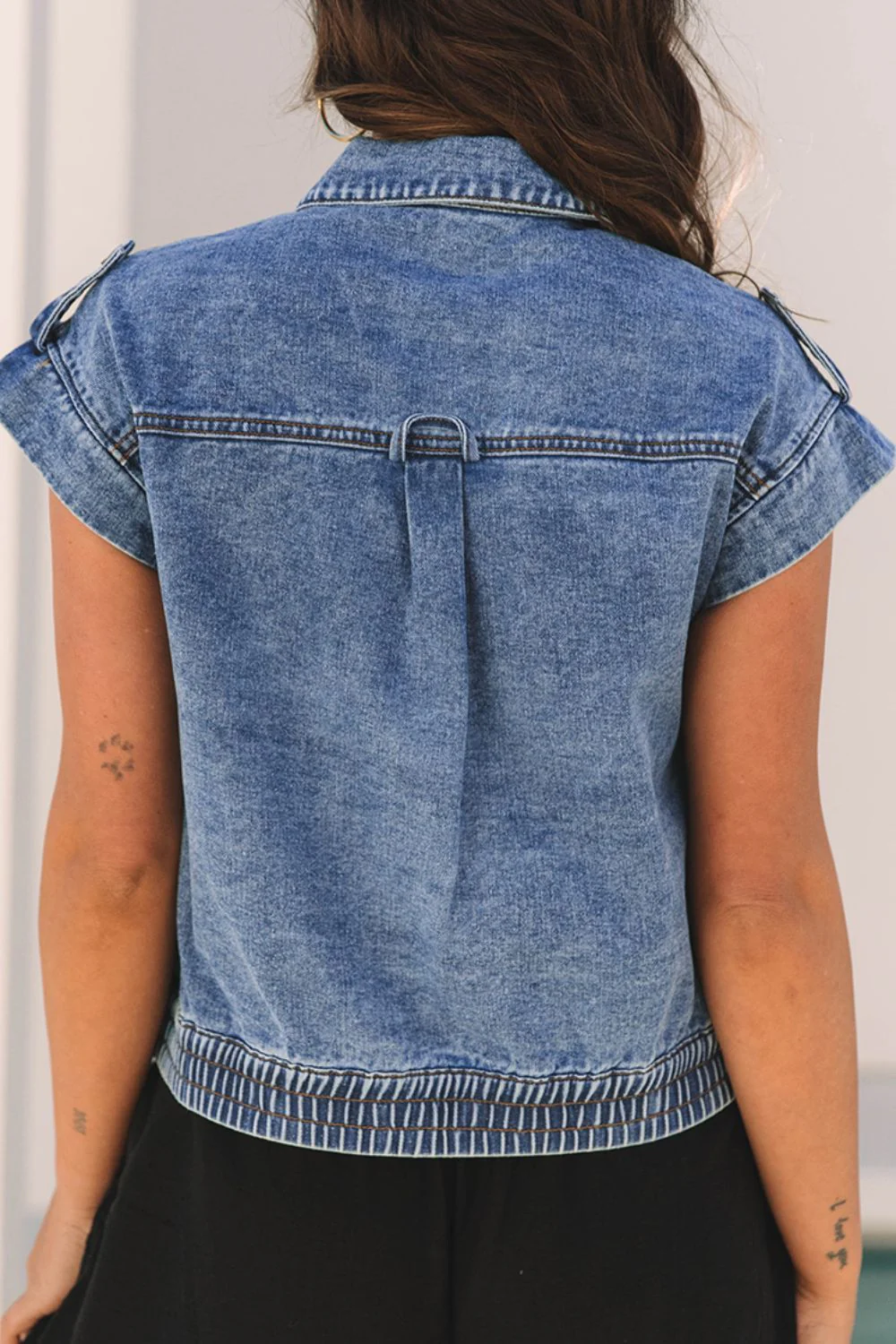 Button Up Cap Sleeve Denim Jacket - Image 6