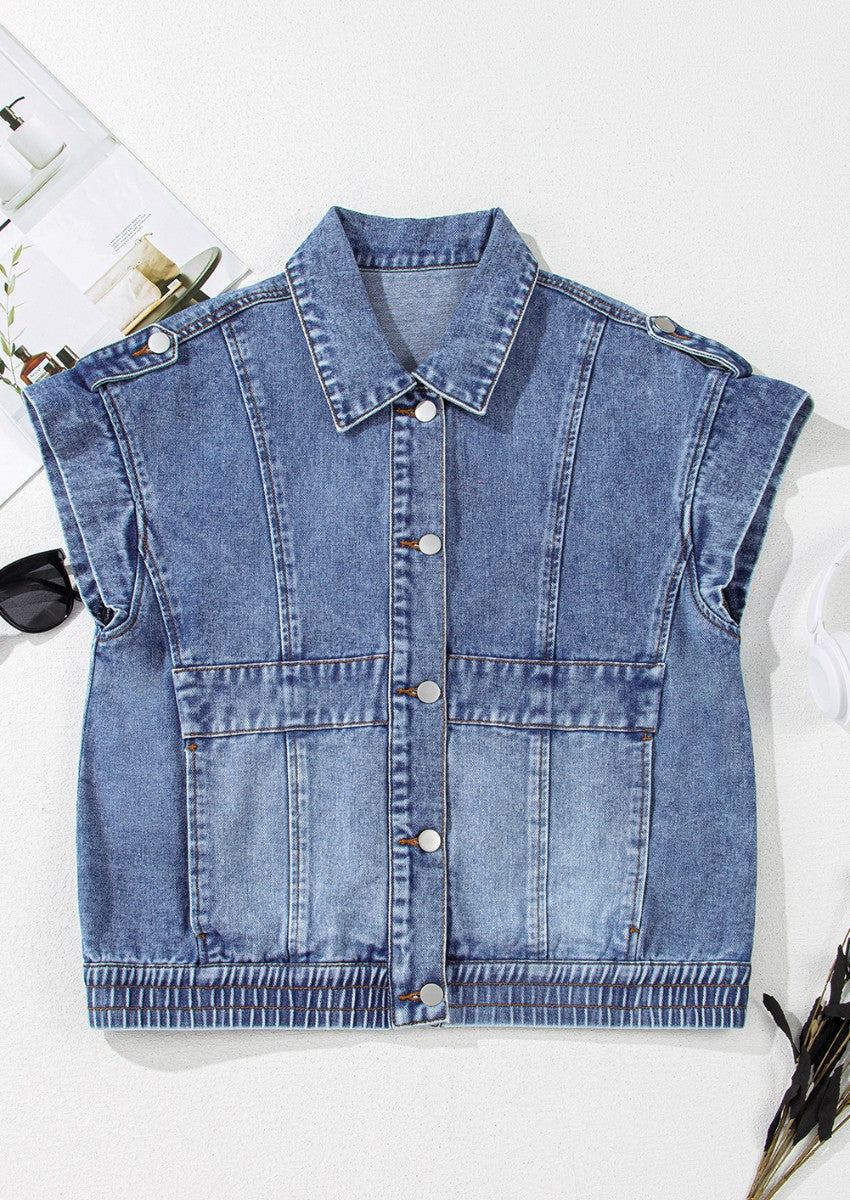 Button Up Cap Sleeve Denim Jacket - Image 8