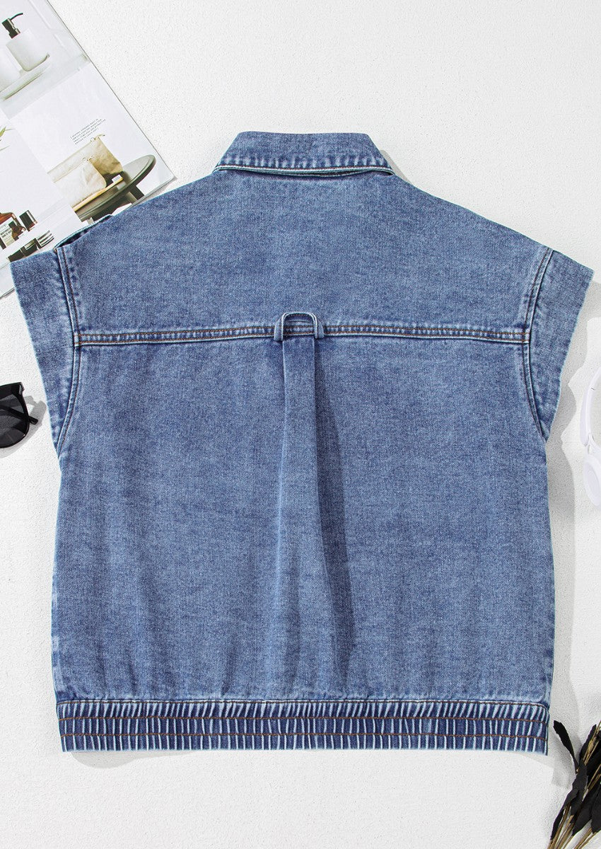 Button Up Cap Sleeve Denim Jacket - Image 9