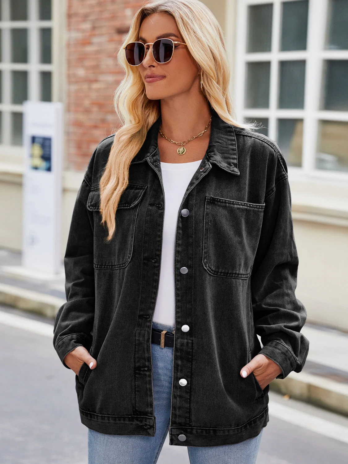 Button Up Denim Jacket with Pockets - Image 13