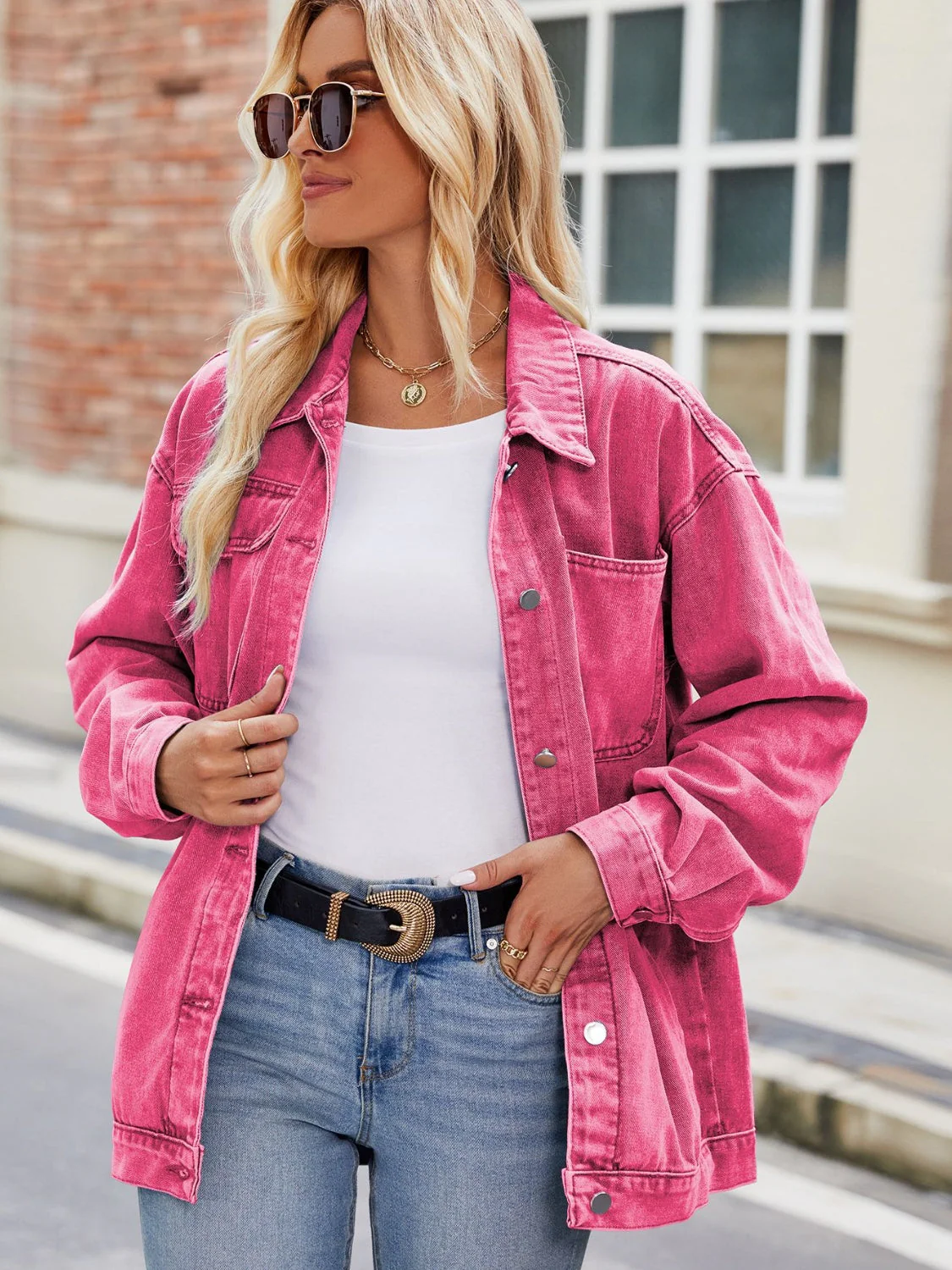 Button Up Denim Jacket with Pockets - Image 3