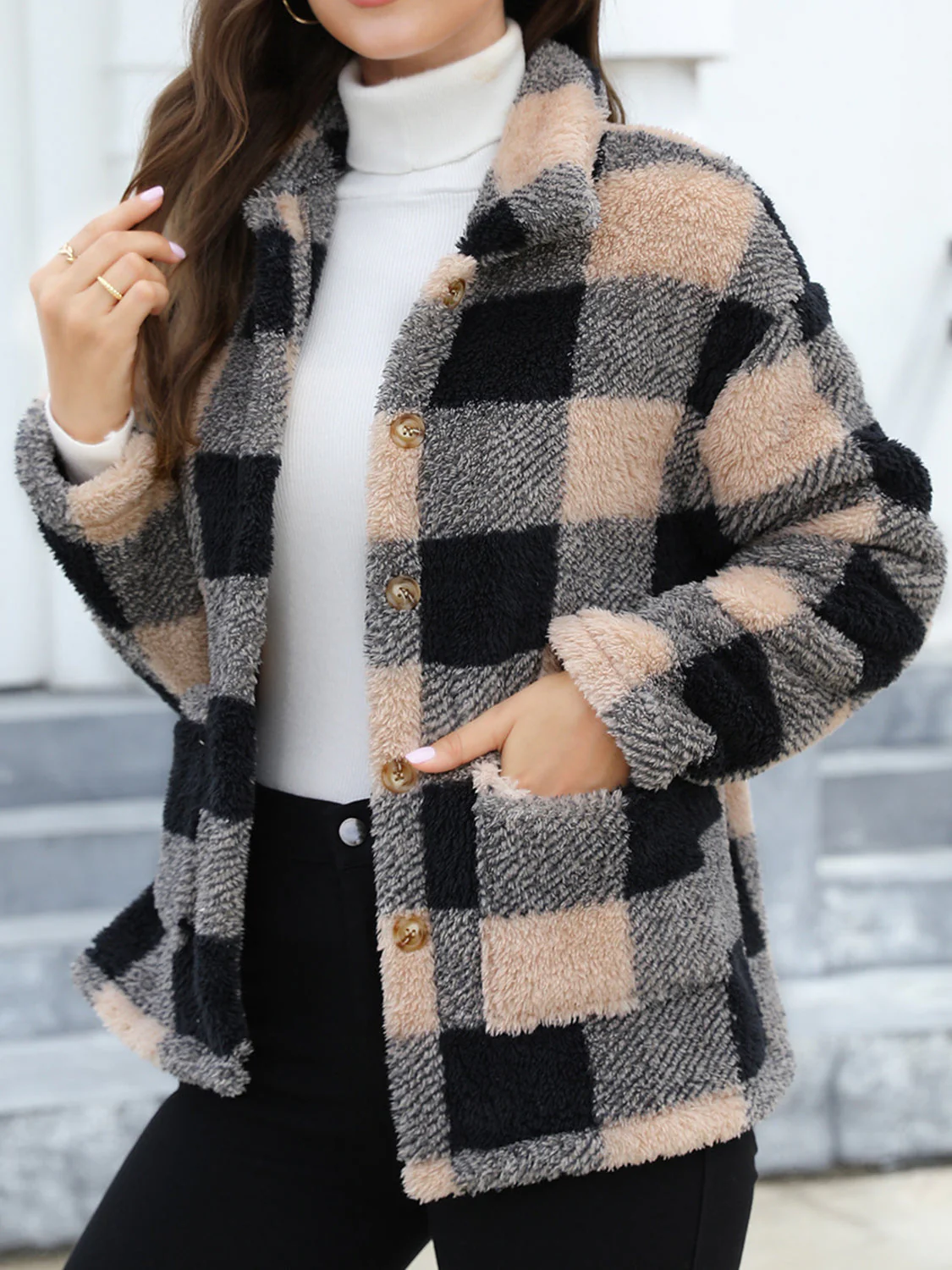 Button Up Drop Shoulder Fuzzy Jacket - Image 13