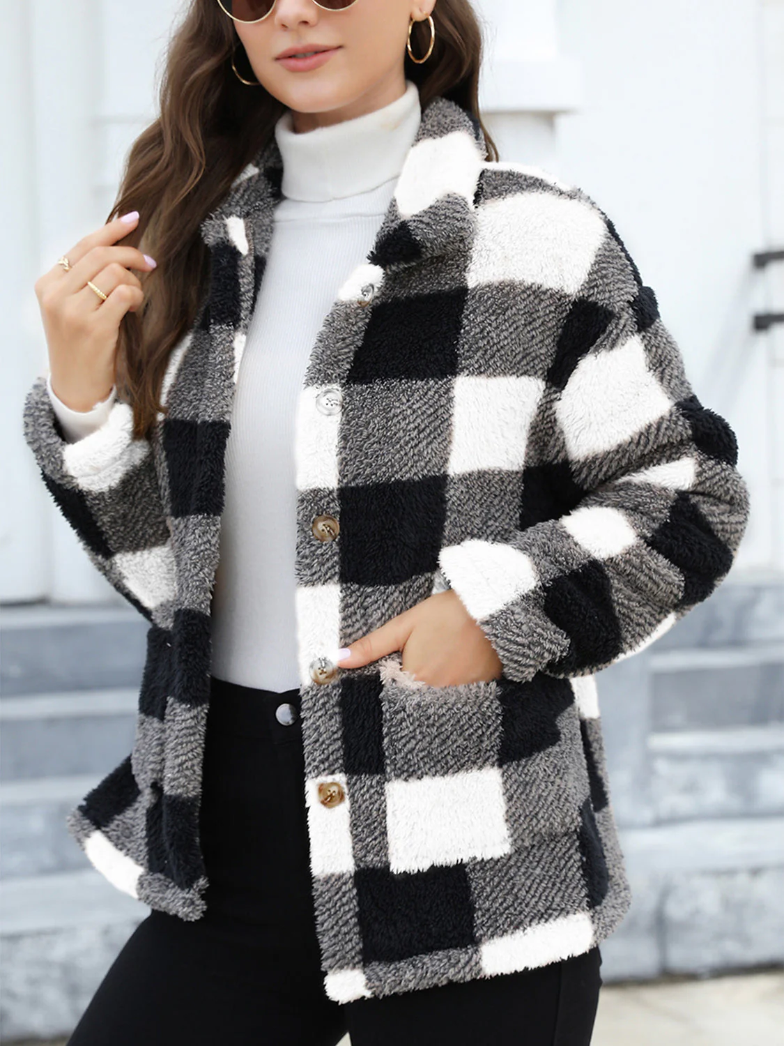 Button Up Drop Shoulder Fuzzy Jacket - Image 18