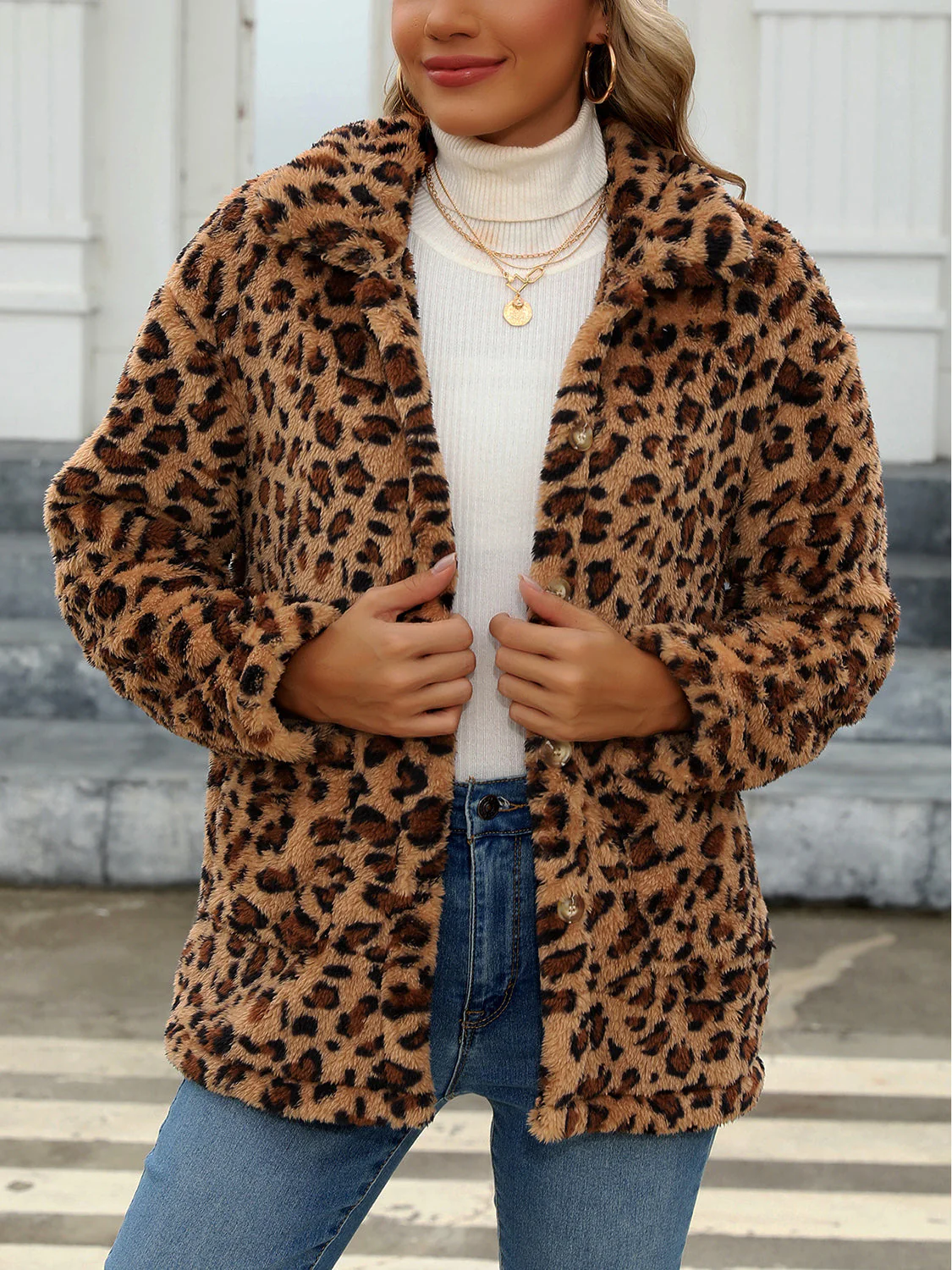 Button Up Drop Shoulder Fuzzy Jacket - Image 23