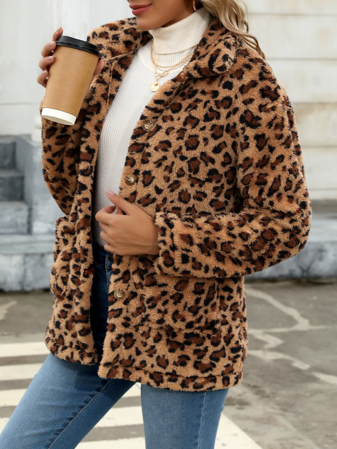 Button Up Drop Shoulder Fuzzy Jacket - Image 24