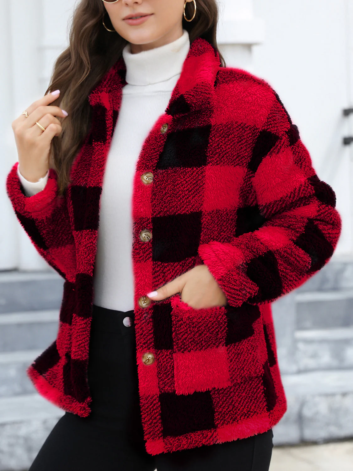 Button Up Drop Shoulder Fuzzy Jacket - Image 4