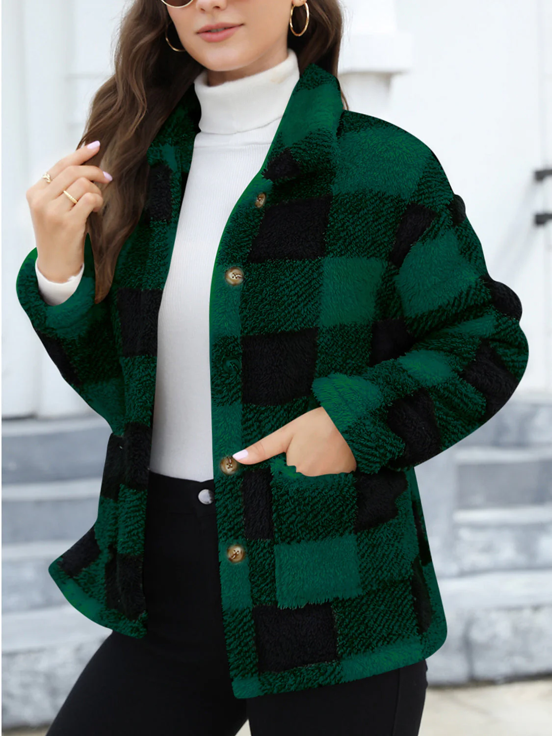 Button Up Drop Shoulder Fuzzy Jacket - Image 9