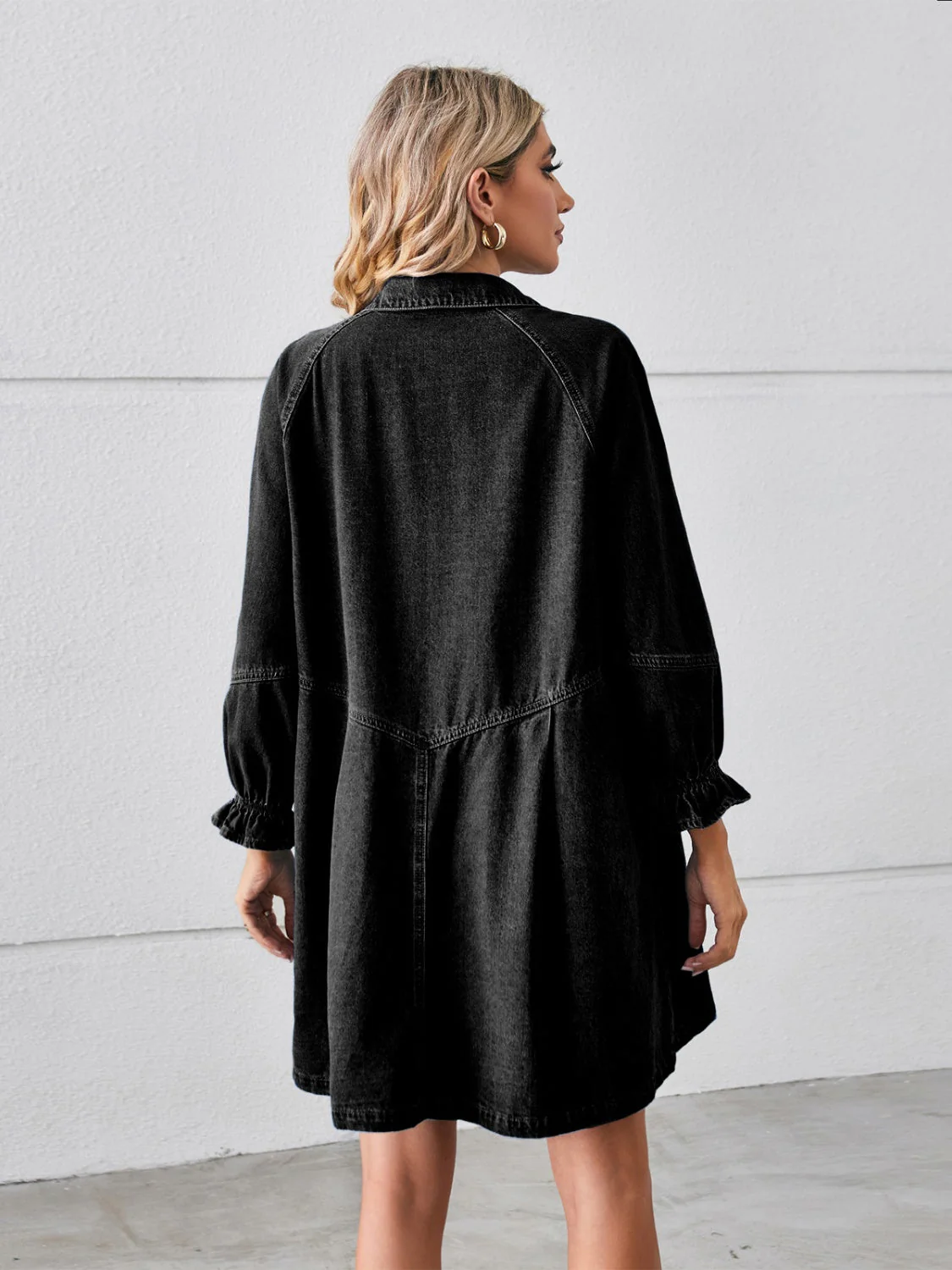 Button Up Flounce Sleeve Mini Denim Dress - Image 2
