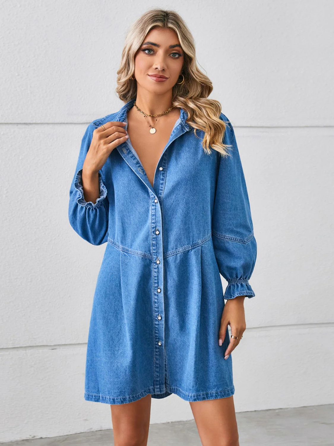 Button Up Flounce Sleeve Mini Denim Dress - Image 4