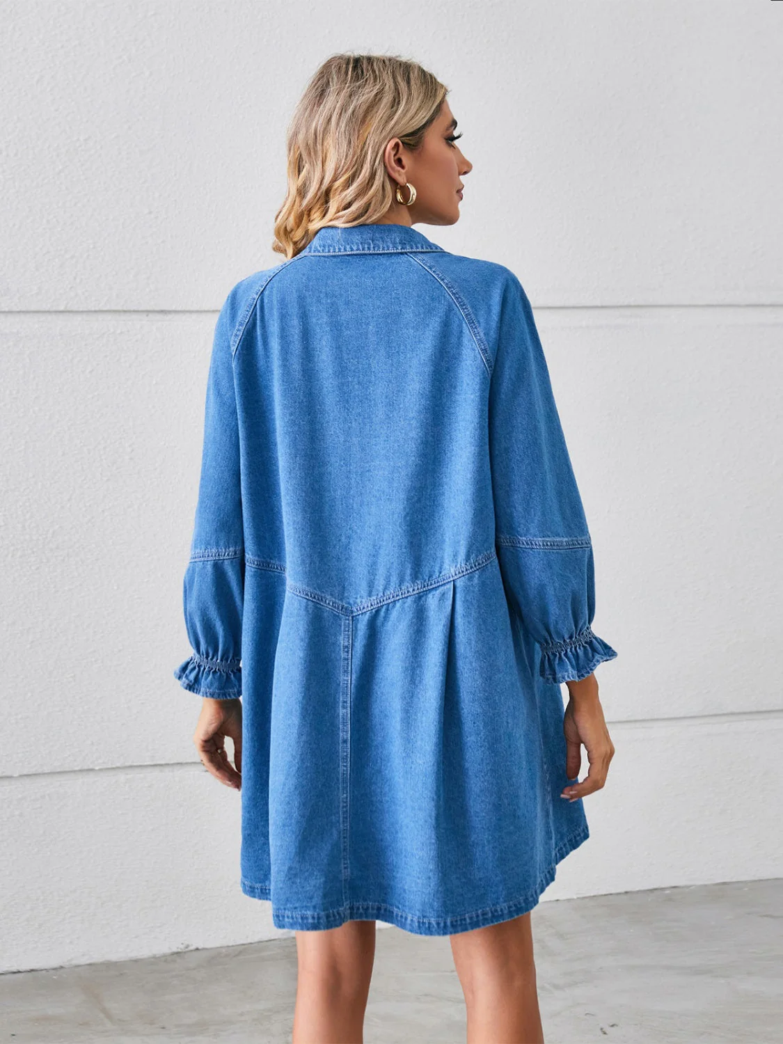 Button Up Flounce Sleeve Mini Denim Dress - Image 5