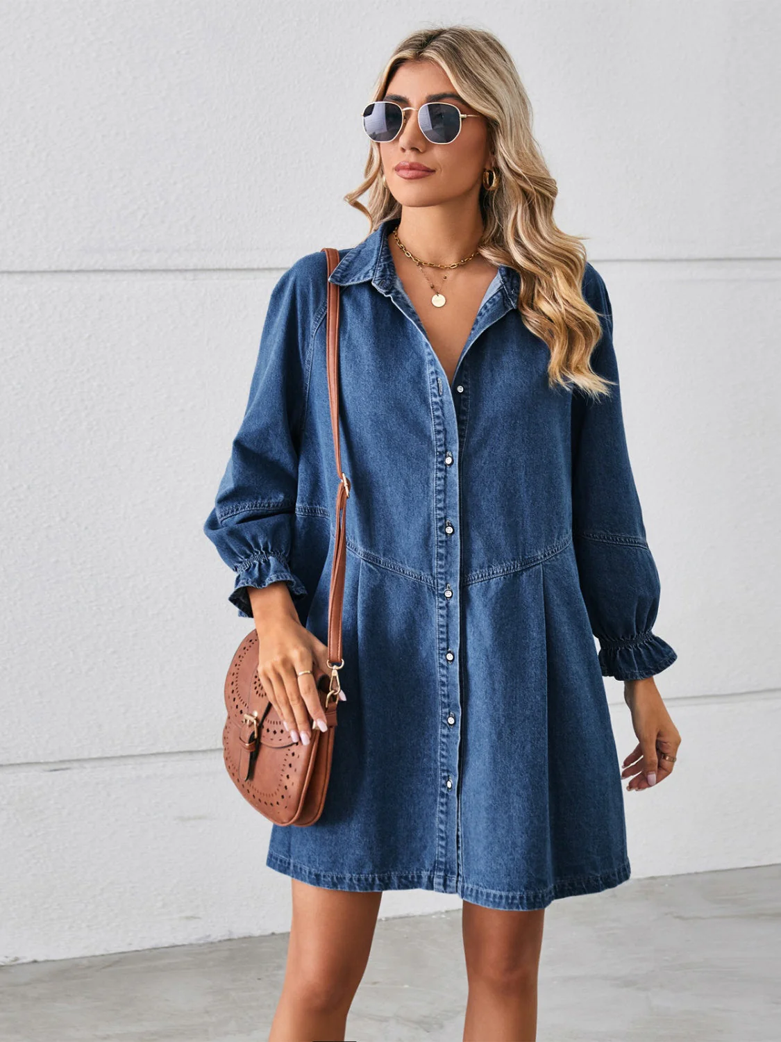 Button Up Flounce Sleeve Mini Denim Dress - Image 7