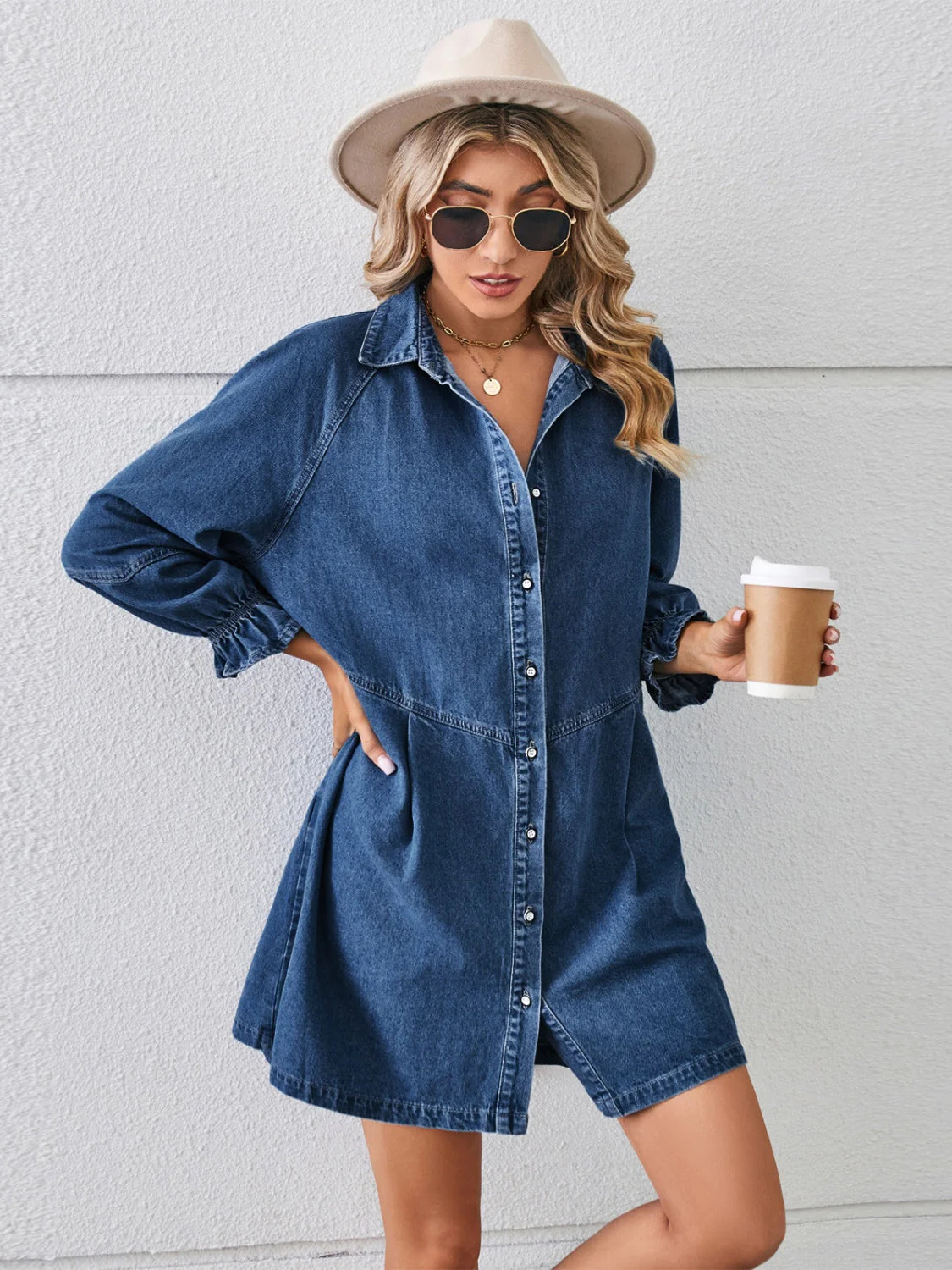 Button Up Flounce Sleeve Mini Denim Dress - Image 8