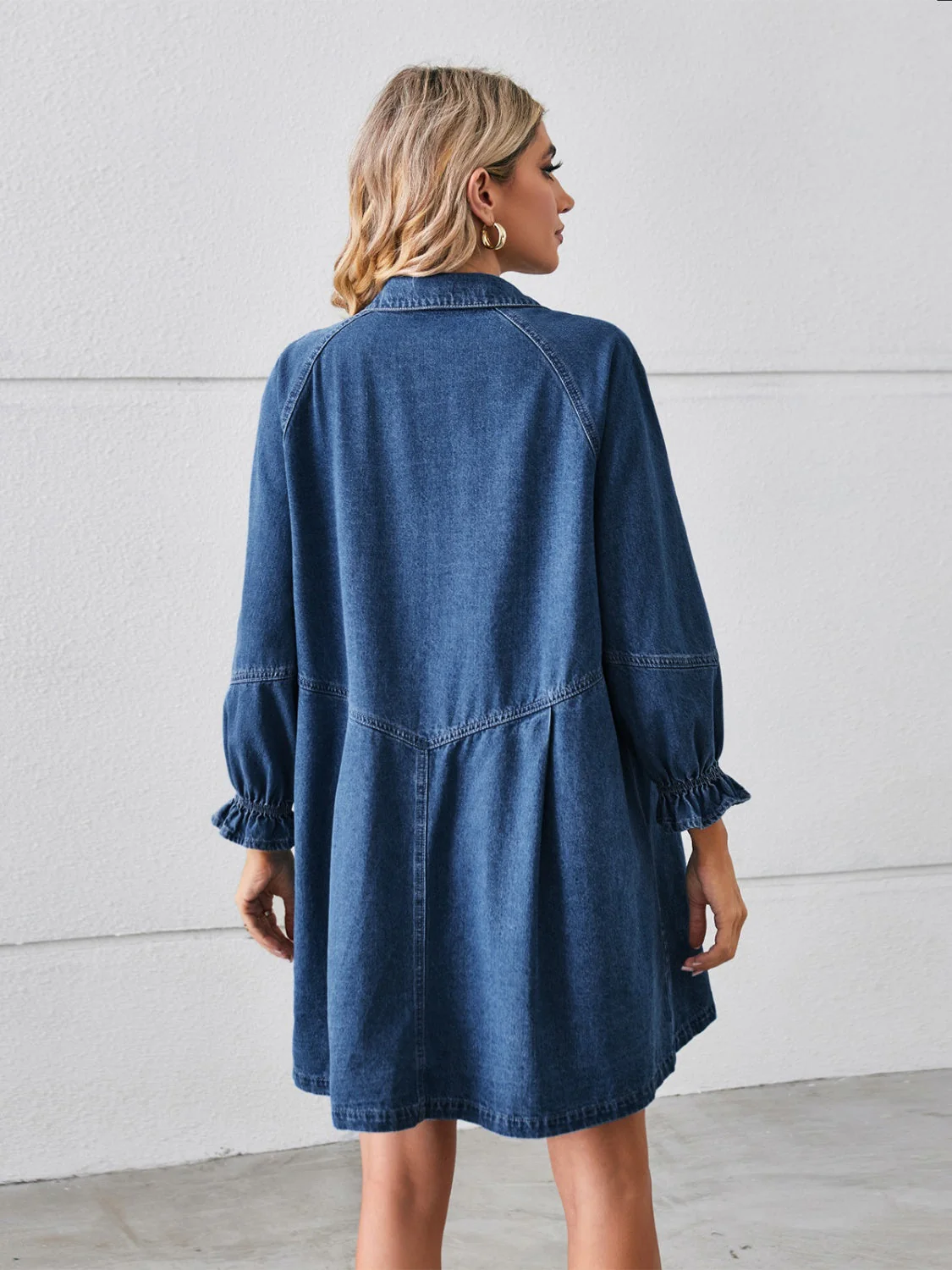 Button Up Flounce Sleeve Mini Denim Dress - Image 9